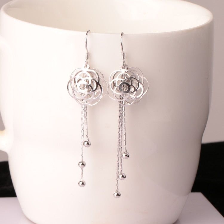 Vintage Bohemia Rose Flower 925 Sterling Silver Dangle Tassel Earrings