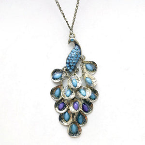 Vintage Bronze Peacock Enamel Rhinestone Pendant Long Necklace With Chain
