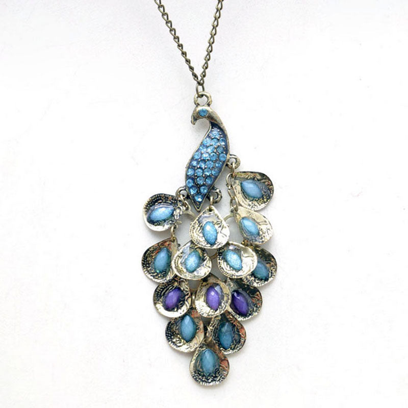 Vintage Bronze Peacock Enamel Rhinestone Pendant Long Necklace With Chain