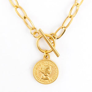 Vintage Carved Coin Necklace For Women Stainless Steel Gold Color Medallion Pendant Necklace Long Choker Boho Jewelry Collier