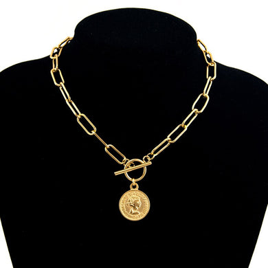 Vintage Carved Coin Necklace For Women Stainless Steel Gold Color Medallion Pendant Necklace Long Choker Boho Jewelry Collier