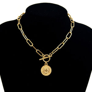 Vintage Carved Coin Necklace For Women Stainless Steel Gold Color Medallion Pendant Necklace Long Choker Boho Jewelry Collier