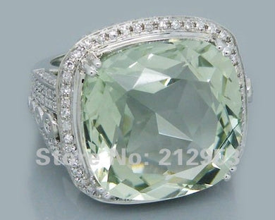 Vintage Cushion 18mm Solid 14Kt White Gold 25.42Ct Engagement Green Amethyst Wedding Ring