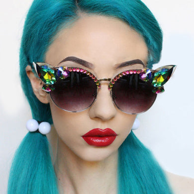 Vintage Diamond Sunglasses Women  Brand Cat Eye Sunglasses Pink Blue Crystal Punk Sun Glasses Men Shades UV400 okulary