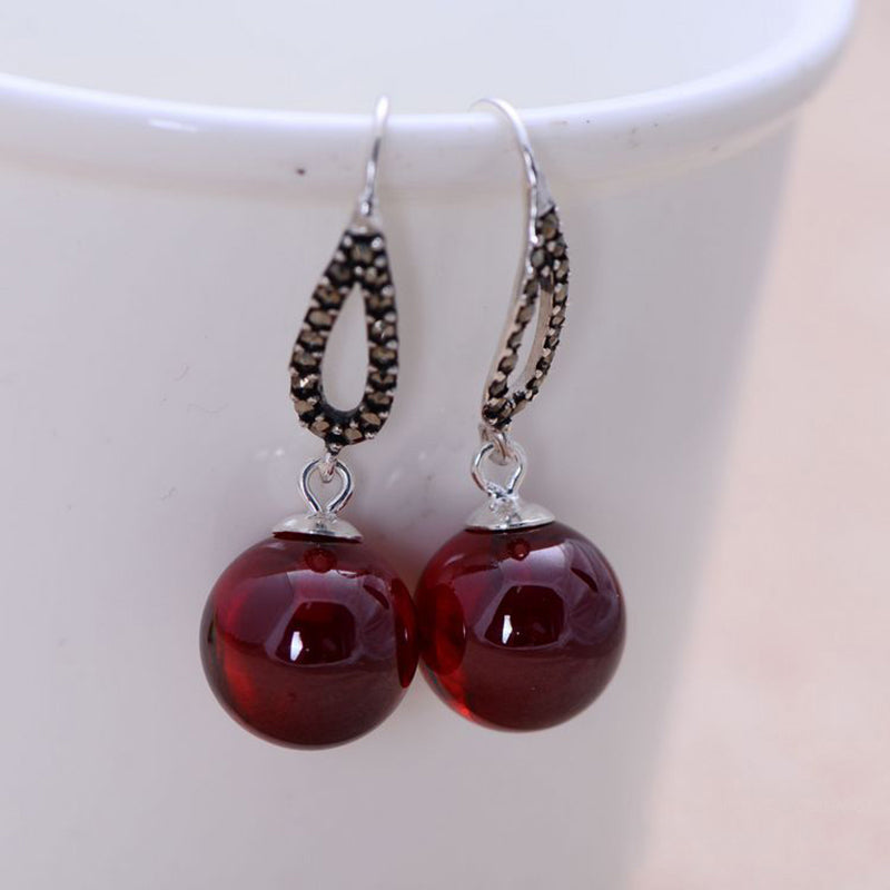 Vintage Drop Earrings Real 925 Sterling Silver Jewelry Inlaid Red Garnet Round Ball Natural Stone Earrings for Women