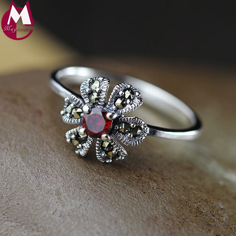 Vintage Flower Design Red Stone Garnet Real Sterling Thai Silver 925 Jewelry Female Valentine D Gift 6 7 8 Ring Women