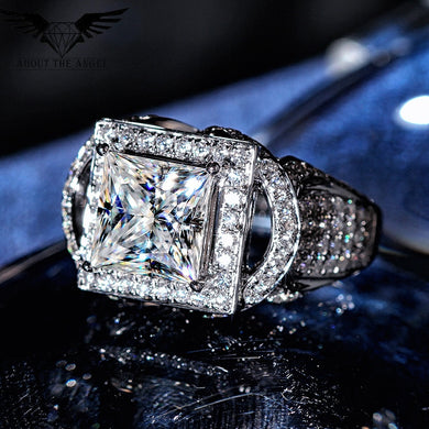 Vintage Men Ring 14K White Gold Ring Super White Princess Cut Moissanite Diamond Ring