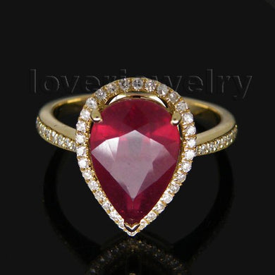 Vintage Pear 8x12mm Solid 14kt Yellow Gold Natural Diamond Ruby Ring Fine Jewelry for Wife Loving Gift WU080