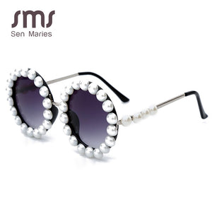 Vintage Pearl Round Sunglasses Women  Brand Designer Alloy Oversized Diamond Glasses Men Retro Shades Oculos