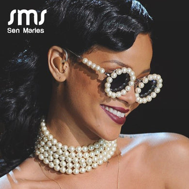 Vintage Pearl Round Sunglasses Women  Brand Designer Alloy Oversized Diamond Glasses Men Retro Shades Oculos
