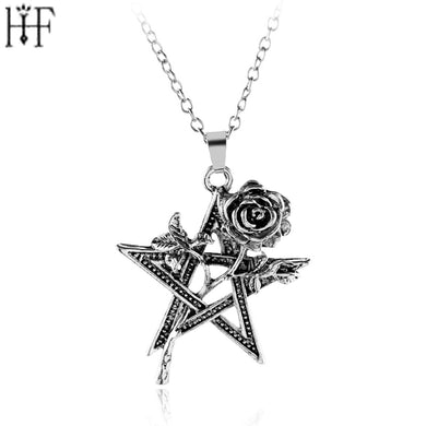 Vintage Pentacle Pentagram Rose Pendant Necklace Fashion Ancient Silver Color Jewelry for Women Christmas Gifts Goth Punk Types