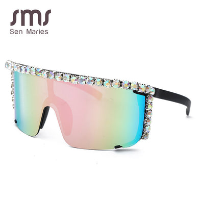 Vintage Pilot Diamond Sunglasses Women Men   Mirror Pink Rhinestone Goggle Sun Glasses For Lady Half Frame Shades UV400