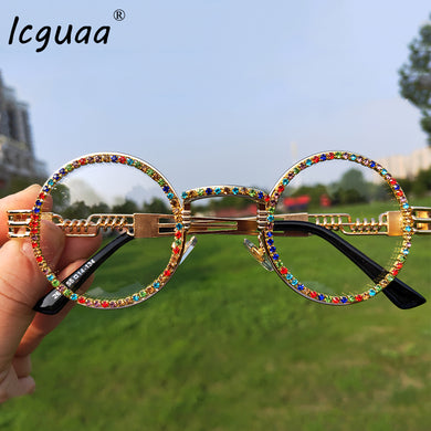 Vintage Punk Round Diamond Sunglasses Women Bling Brand Designer Steampunk Colorful Rhinestone Shades UV400 Oculos
