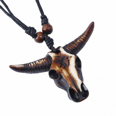 Vintage Retro Men Accessory Resin Bull Head Pendant Wax Rope Necklace