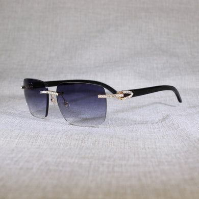Vintage Rhinestone Black White Buffalo Horn Rimless Sunglasses Men Wood Sun Glasses Metal Frame Shades for Summer Club Eyewear