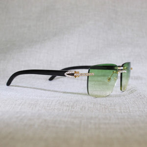 Vintage Rhinestone Black White Buffalo Horn Rimless Sunglasses Men Wood Sun Glasses Metal Frame Shades for Summer Club Eyewear