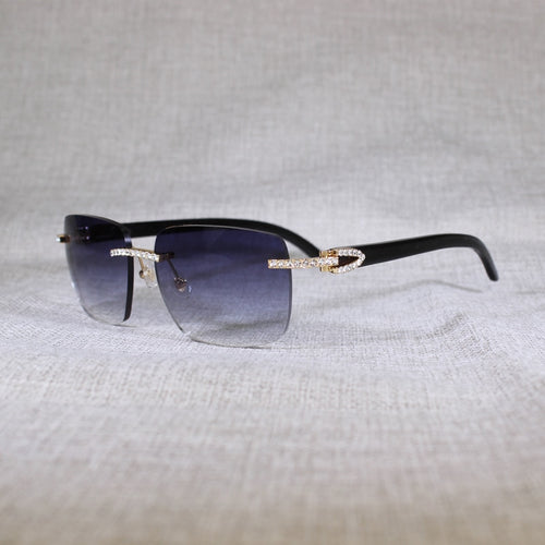 Vintage Rhinestone Black White Buffalo Horn Rimless Sunglasses Men Wood Sun Glasses Metal Frame Shades for Summer Club Eyewear