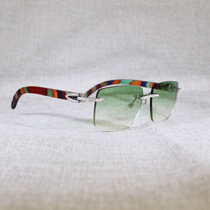 Vintage Rhinestone Black White Buffalo Horn Rimless Sunglasses Men Wood Sun Glasses Metal Frame Shades for Summer Club Eyewear