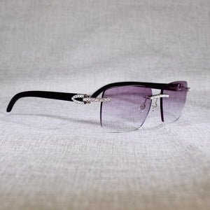 Vintage Rhinestone Black White Buffalo Horn Rimless Sunglasses Men Wood Sun Glasses Metal Frame Shades for Summer Club Eyewear