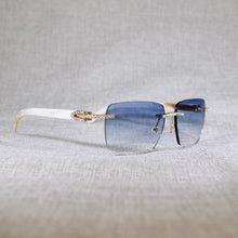 Load image into Gallery viewer, Vintage Rhinestone Black White Buffalo Horn Rimless Sunglasses Men Wood Sun Glasses Metal Frame Shades for Summer Club Eyewear