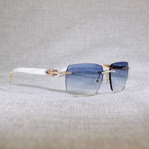 Vintage Rhinestone Black White Buffalo Horn Rimless Sunglasses Men Wood Sun Glasses Metal Frame Shades for Summer Club Eyewear