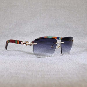 Vintage Rhinestone Black White Buffalo Horn Rimless Sunglasses Men Wood Sun Glasses Metal Frame Shades for Summer Club Eyewear