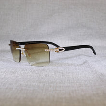 Load image into Gallery viewer, Vintage Rhinestone Black White Buffalo Horn Rimless Sunglasses Men Wood Sun Glasses Metal Frame Shades for Summer Club Eyewear