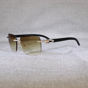 Vintage Rhinestone Black White Buffalo Horn Rimless Sunglasses Men Wood Sun Glasses Metal Frame Shades for Summer Club Eyewear