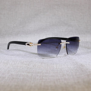 Vintage Rhinestone Black White Buffalo Horn Rimless Sunglasses Men Wood Sun Glasses Metal Frame Shades for Summer Club Eyewear