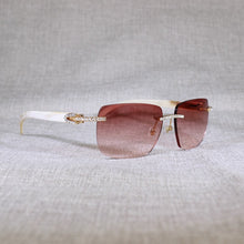 Load image into Gallery viewer, Vintage Rhinestone Black White Buffalo Horn Rimless Sunglasses Men Wood Sun Glasses Metal Frame Shades for Summer Club Eyewear