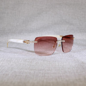 Vintage Rhinestone Black White Buffalo Horn Rimless Sunglasses Men Wood Sun Glasses Metal Frame Shades for Summer Club Eyewear