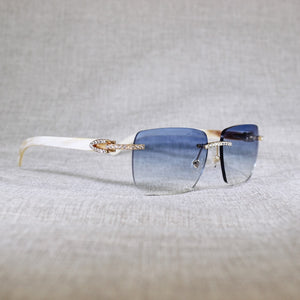 Vintage Rhinestone Black White Buffalo Horn Rimless Sunglasses Men Wood Sun Glasses Metal Frame Shades for Summer Club Eyewear