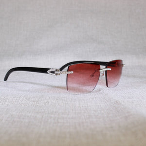 Vintage Rhinestone Black White Buffalo Horn Rimless Sunglasses Men Wood Sun Glasses Metal Frame Shades for Summer Club Eyewear