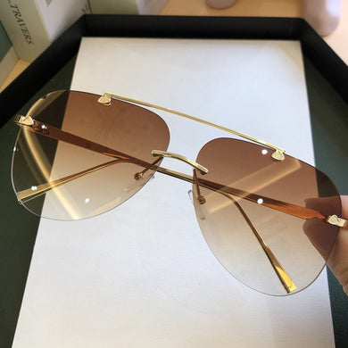 Vintage Rimless Alloy Aviation Pilot Sunglasses for Men 2023 Brand Gradient Sun Glasses Female Metal Oval Shades Black Brown