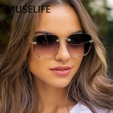 Vintage Rimless Square Sunglasses Women  Oversized Sun Glasses Female Retro Pink Black Gradient Mirror Oculos
