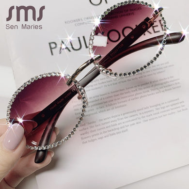 Vintage Round Rhinestone Sunglasses Women Wood Grain Legs Steampunk Sun Glasses Men Oval Crystal Eyeglasses Shades UV400