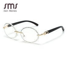 Load image into Gallery viewer, Vintage Round Rhinestone Sunglasses Women Wood Grain Legs Steampunk Sun Glasses Men Oval Crystal Eyeglasses Shades UV400