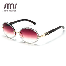 Load image into Gallery viewer, Vintage Round Rhinestone Sunglasses Women Wood Grain Legs Steampunk Sun Glasses Men Oval Crystal Eyeglasses Shades UV400