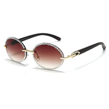 Load image into Gallery viewer, Vintage Round Rhinestone Sunglasses Women Wood Grain Legs Steampunk Sun Glasses Men Oval Crystal Eyeglasses Shades UV400