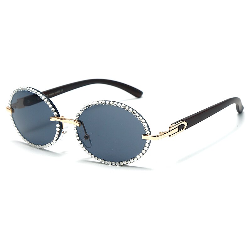 Vintage Round Rhinestone Sunglasses Women Wood Grain Legs Steampunk Sun Glasses Men Oval Crystal Eyeglasses Shades UV400