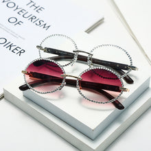 Load image into Gallery viewer, Vintage Round Rhinestone Sunglasses Women Wood Grain Legs Steampunk Sun Glasses Men Oval Crystal Eyeglasses Shades UV400