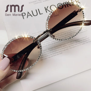 Vintage Round Rhinestone Sunglasses Women Wood Grain Legs Steampunk Sun Glasses Men Oval Crystal Eyeglasses Shades UV400