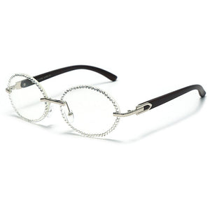 Vintage Round Rhinestone Sunglasses Women Wood Grain Legs Steampunk Sun Glasses Men Oval Crystal Eyeglasses Shades UV400