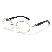 Load image into Gallery viewer, Vintage Round Rhinestone Sunglasses Women Wood Grain Legs Steampunk Sun Glasses Men Oval Crystal Eyeglasses Shades UV400