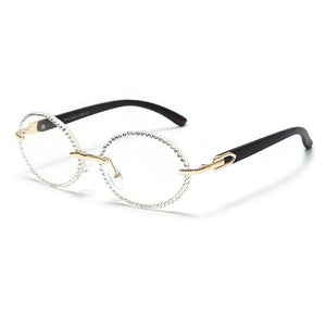 Vintage Round Rhinestone Sunglasses Women Wood Grain Legs Steampunk Sun Glasses Men Oval Crystal Eyeglasses Shades UV400