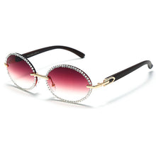 Load image into Gallery viewer, Vintage Round Rhinestone Sunglasses Women Wood Grain Legs Steampunk Sun Glasses Men Oval Crystal Eyeglasses Shades UV400