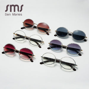 Vintage Round Rhinestone Sunglasses Women Wood Grain Legs Steampunk Sun Glasses Men Oval Crystal Eyeglasses Shades UV400
