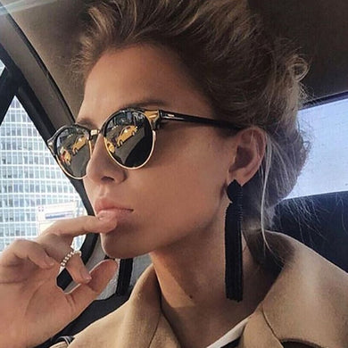 Vintage Round Sunglasses Women Brand Designer Retro Classic Sun Glasses Female Metal Half Frame Ladies Black Driving Eyewear