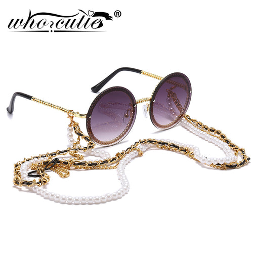 Vintage Round Sunglasses Women with Pearl Chain Accessory 2023  Brand Design Retro Gold Frame Sun Glasses Female Shades