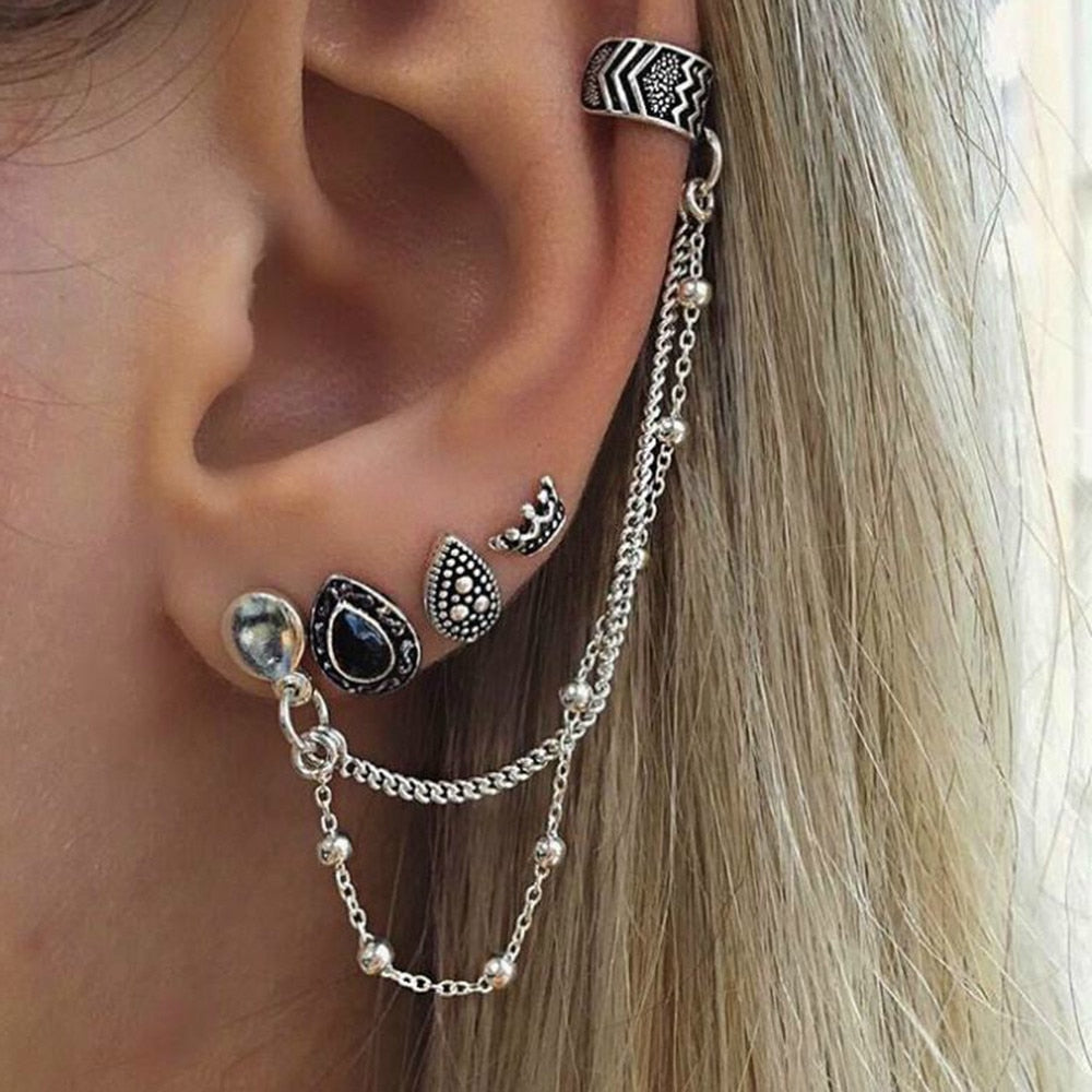 Vintage Set Earrings Bohemian Retro Style Four-piece Crown Water Droplets Chain Fashion Earrings For Women Oorbellen